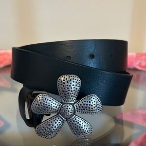 Black Leather Belt with Silver Flower Buckle - Silpada
